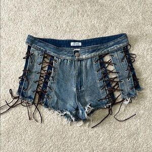 Light Wash Jean Shorts with Lace-Up Sides